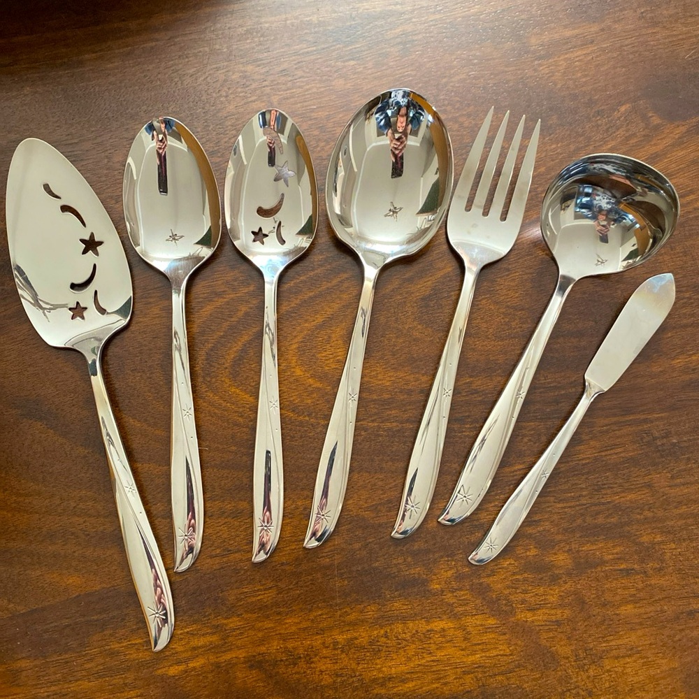 Vtg Oneida ATOMIC Twin Star Starburst Stainless Flatware Serving Pieces 7 Pc MCM
